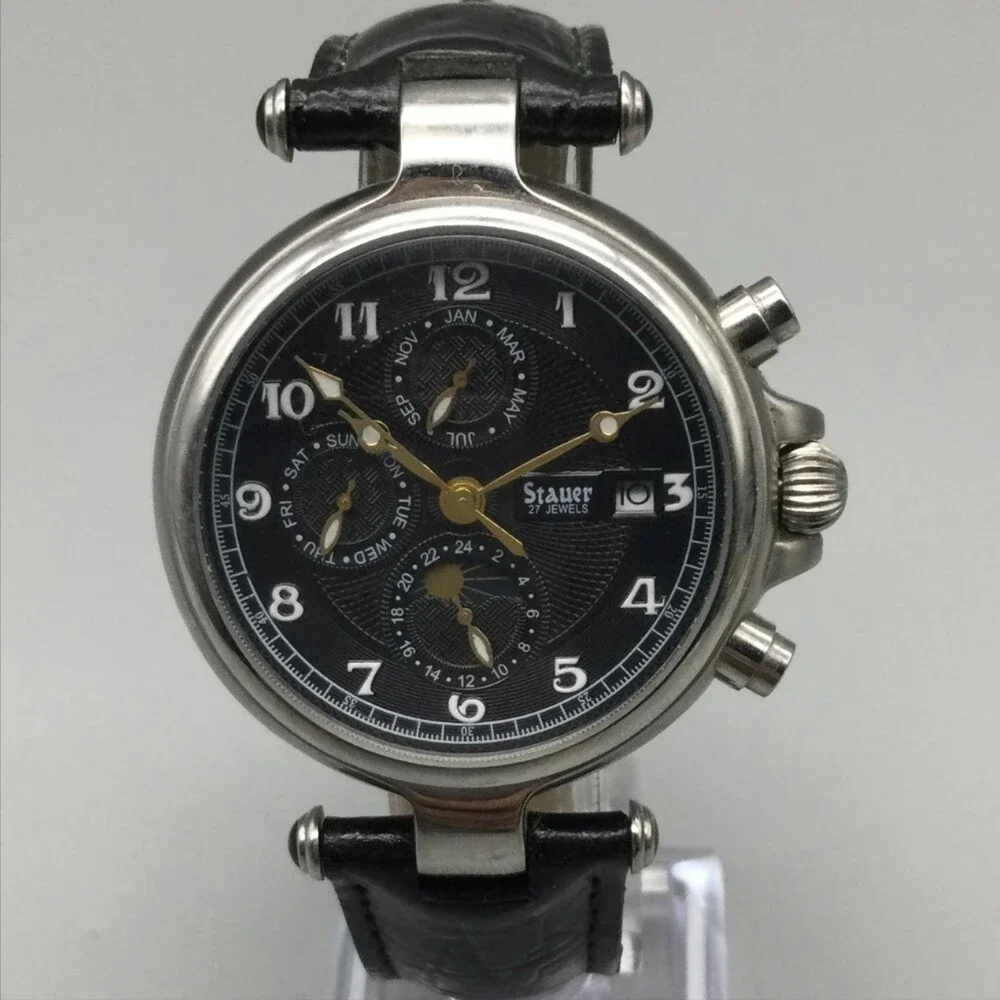 Stauer 27 Jewels Mens Watch 37mm Noire Moon Phase Day Date Month Automatic